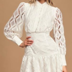 Bardot Remy White Lace Balloon Sleeve Ruffled Mini Dress